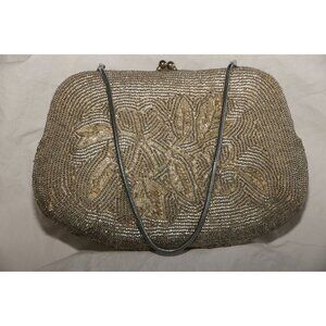 Vtg 1960's Silver Beaded Evening Bag Floral Pattern Handmade Serpentine Handle